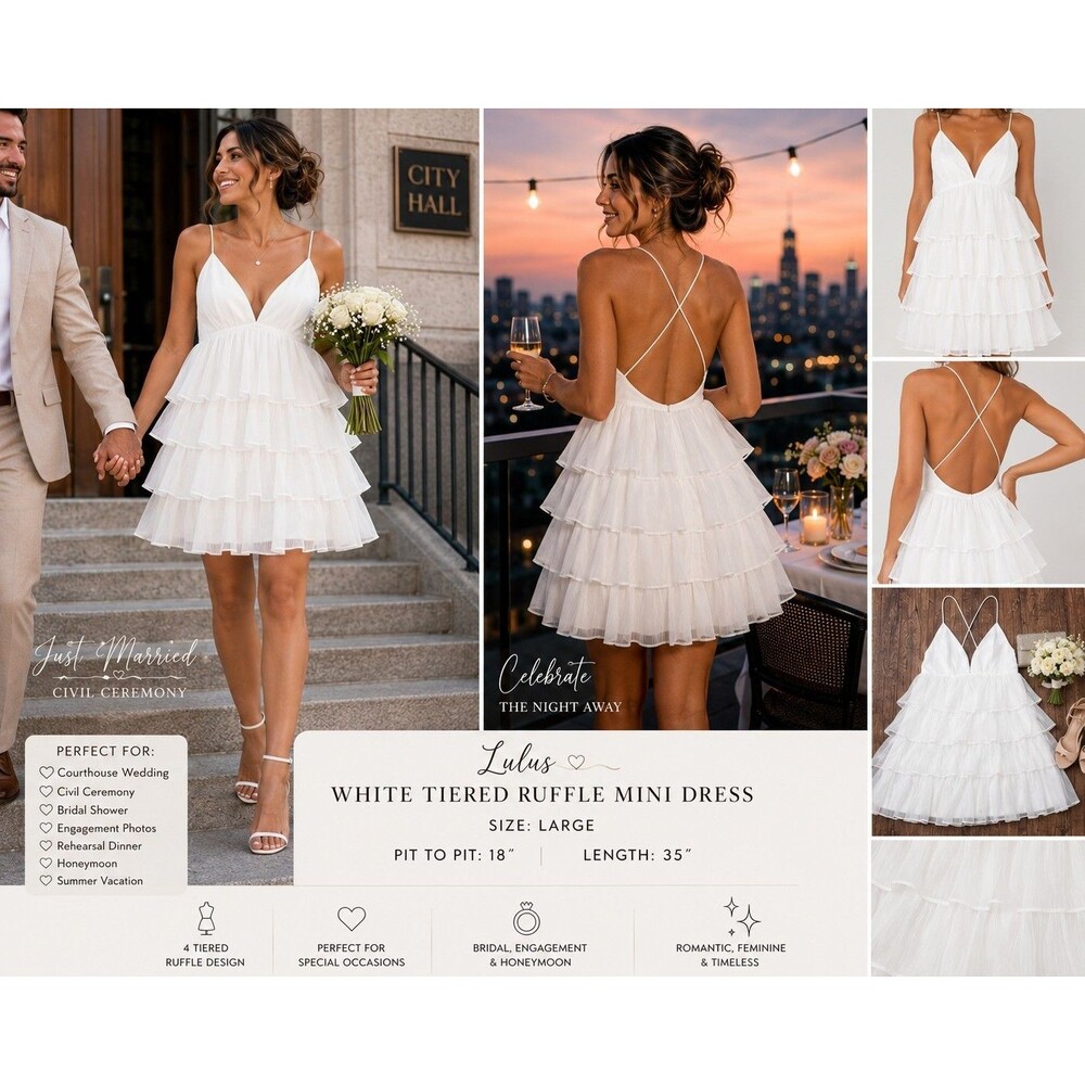 Lulus Women L White Tiered Ruffle Mini Dress Bridal Courthouse Wedding. Romantic